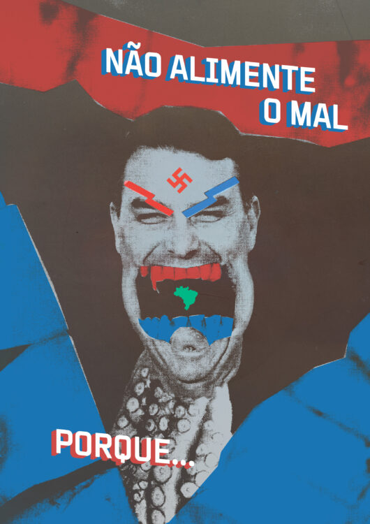 Collage satírico contra Flávio Bolsonaro con la frase Não alimente o mal.