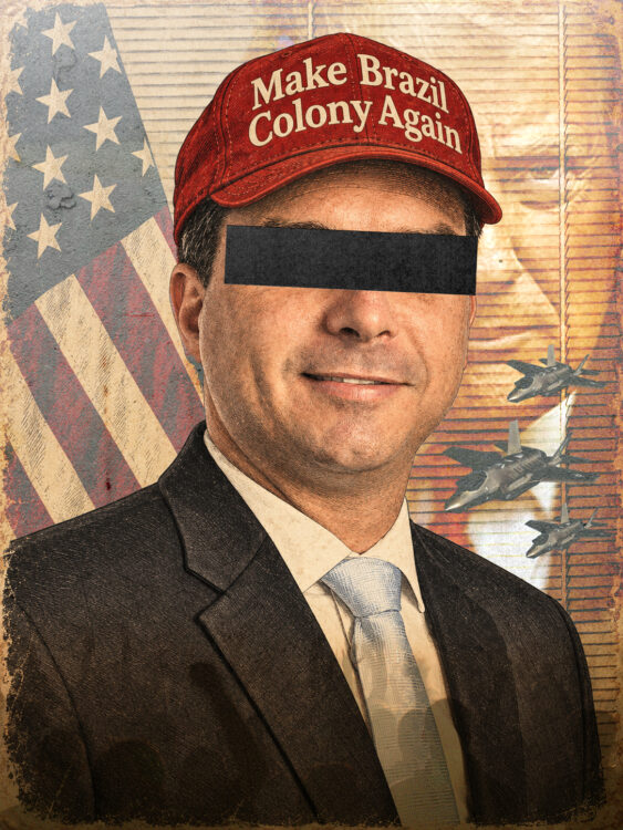 Collage satírico de Flávio Bolsonaro con gorra Make Brazil Colony Again y bandera estadounidense.
