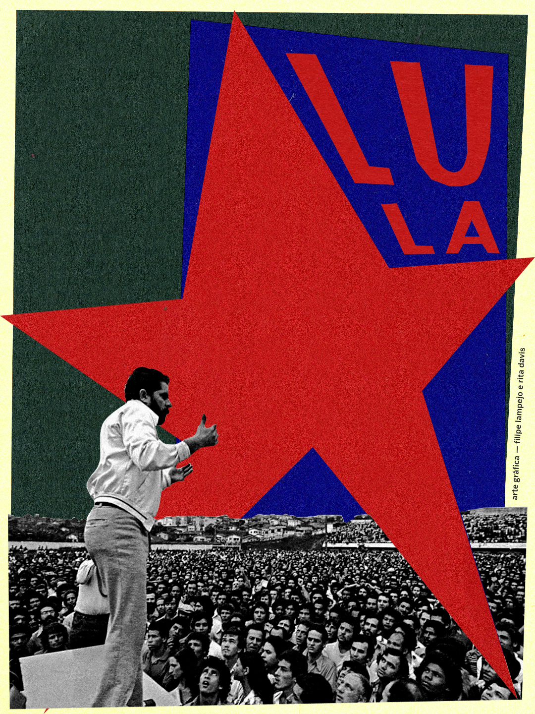 Afiche de Lula ante una multitud de trabajadores, con una gran estrella roja.