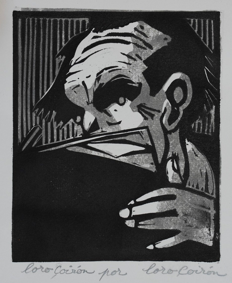 Autorretrato de Loro Coirón en linograbado.