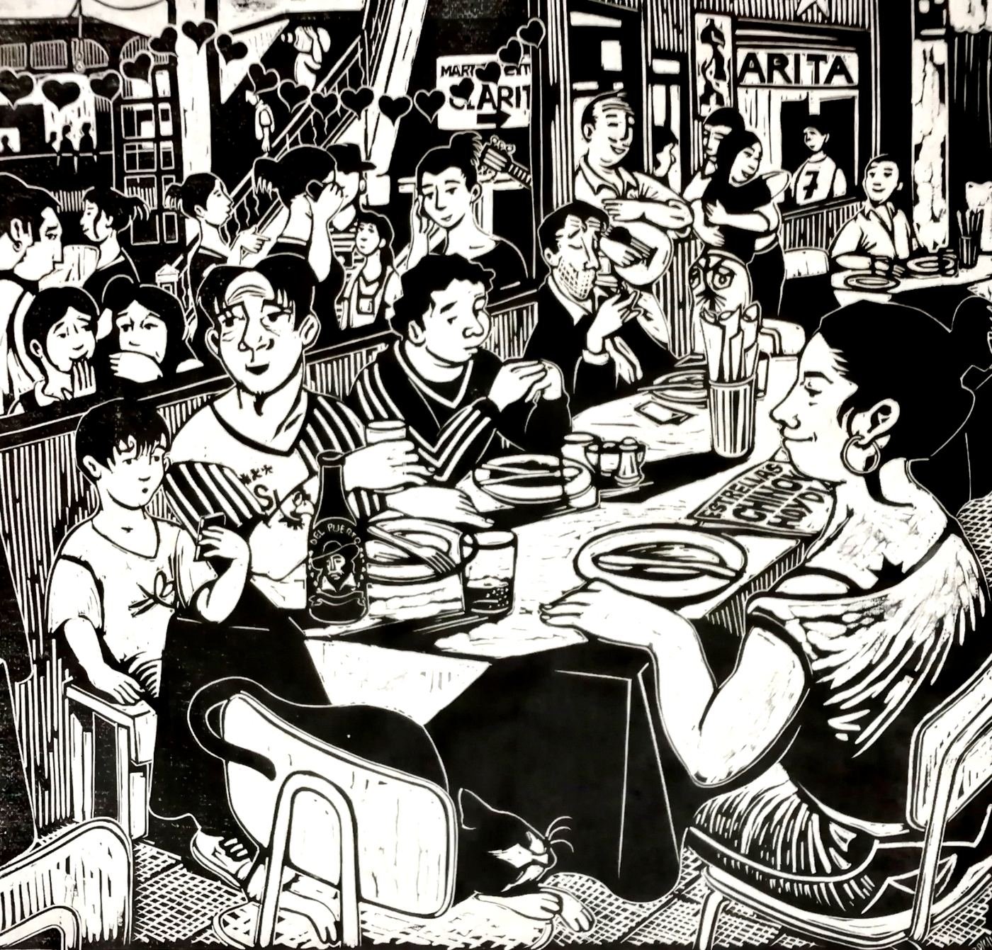 Escena de comensales y habitantes del Mercado Puerto en una xilografía de Loro Coirón.